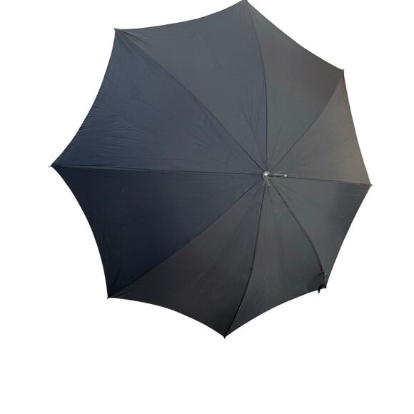 Vintage 43” Black Umbrella With Faux? Leather? Handle Parasol? With Sleeve - Picture 2 of 7